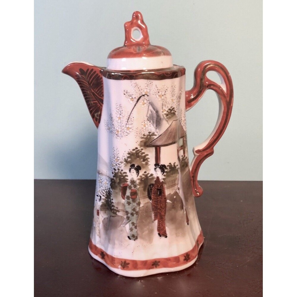 Vtg.Porcelain Hand Painted Kutani Japanese Geisha Tea Pot Coffee Japan 10in